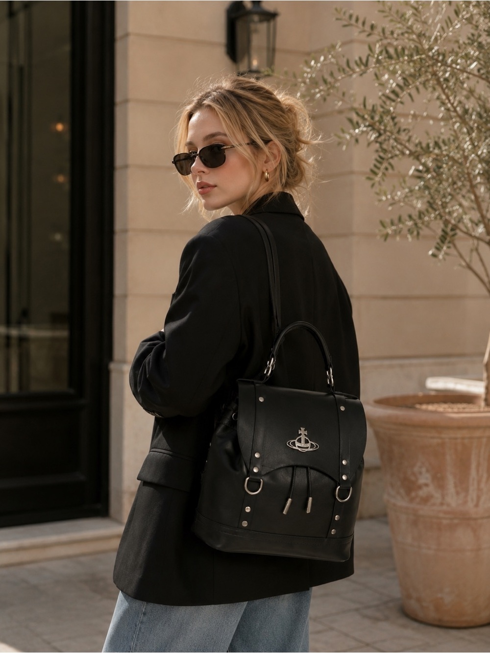 Vivienne Westwood Black Backpack with Silver Hardware